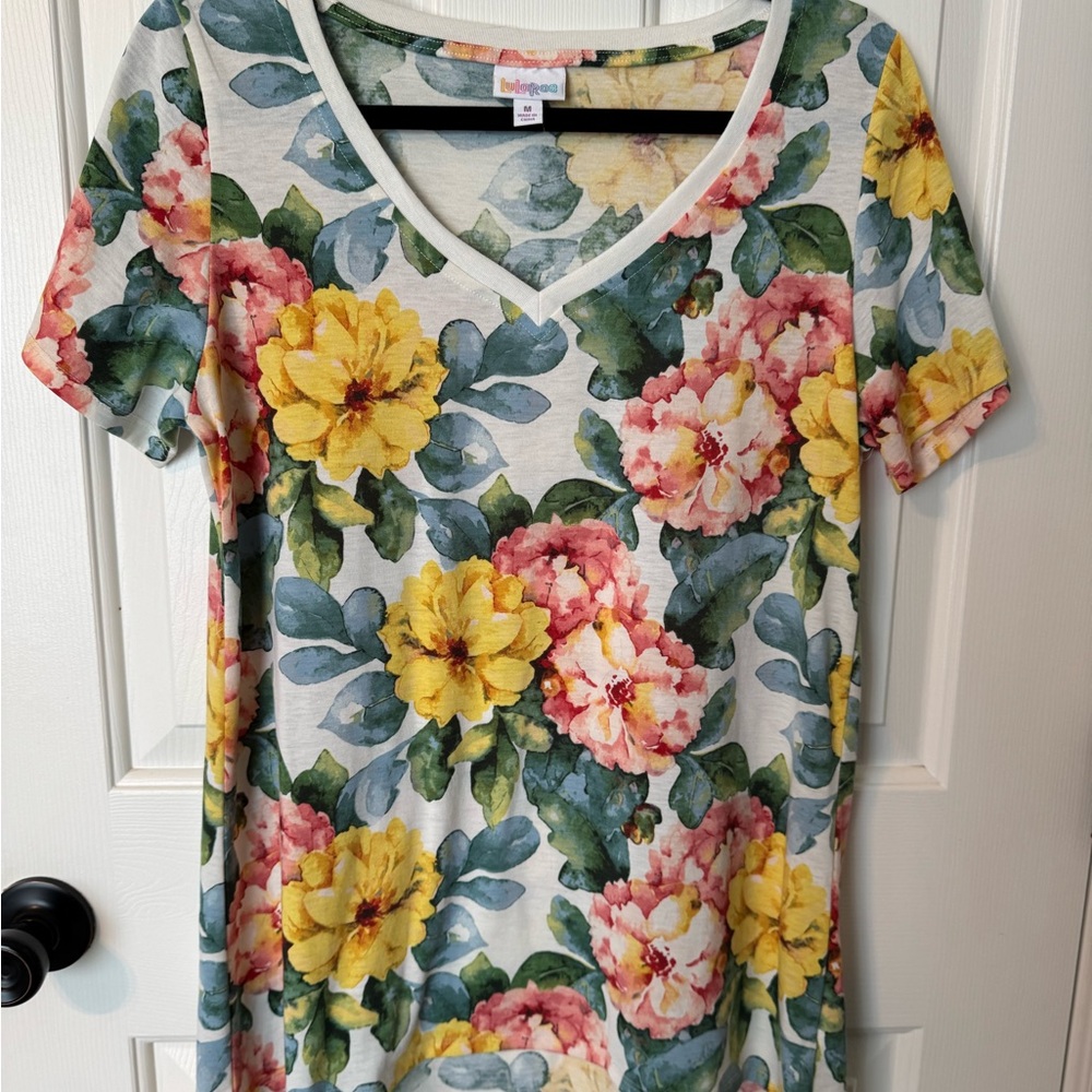 LuLaRoe Christy T V-Neck Floral Tee - Yellow, Pink, Green, blue, white